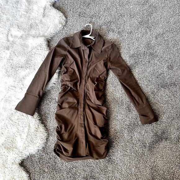 Zara Brown Ruched Button Up Mini Dress Size S - Picture 1 of 6